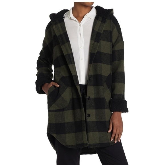 RAG SUPPLY Faux Shearling Hooded Buffalo Plaid Shacket - Picture 1 of 6